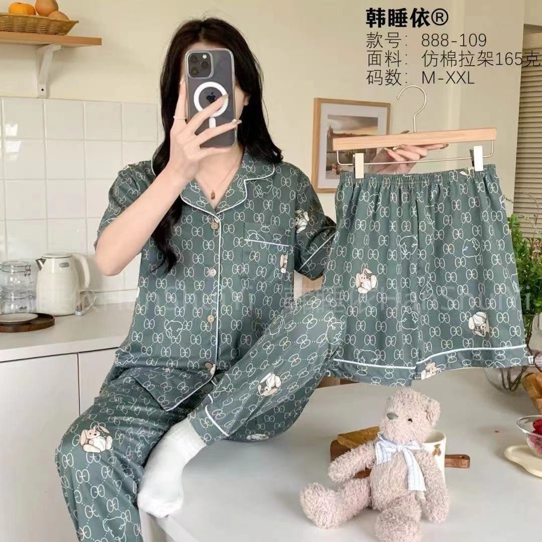 3 Piece Pajama Set Xl Girls' Short Sleeve Shirt Long Trouser Home Wear Short Sets Night Shirt Pajama Women'S Sleepwear - image 4
