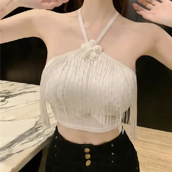 SUMMER TASSEL HALTER CAMISOLE WOMEN SOLID COLOUR SLEEVLESS SLIM TANK TOP - image 5