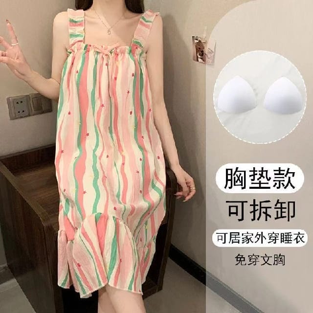 New Ladies Summer Camisole Pajamas Cheese Cotton Home Wear Sweet Loose Casual Dresses For Women - image 1
