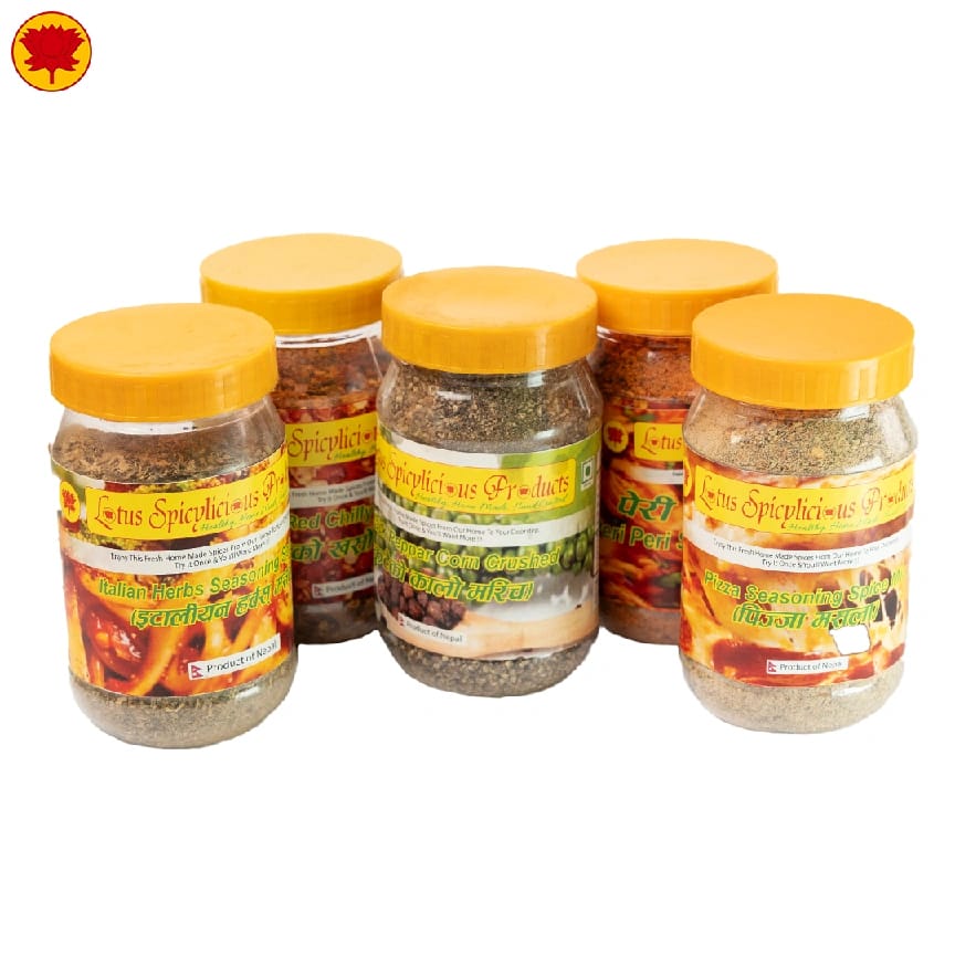 Masala - Sprinklers Masala Combo - Peri Peri, Pizza, Italian Herbs, Black Peppar & Chili Flakes (Homemade Peri Peri, Pizza, Italian Herbs, Crushed Black Peppar & Red Chili Flakes Seasoning Spice Mix) - 50 G POUCH * 5 - Lotus Products - image 1