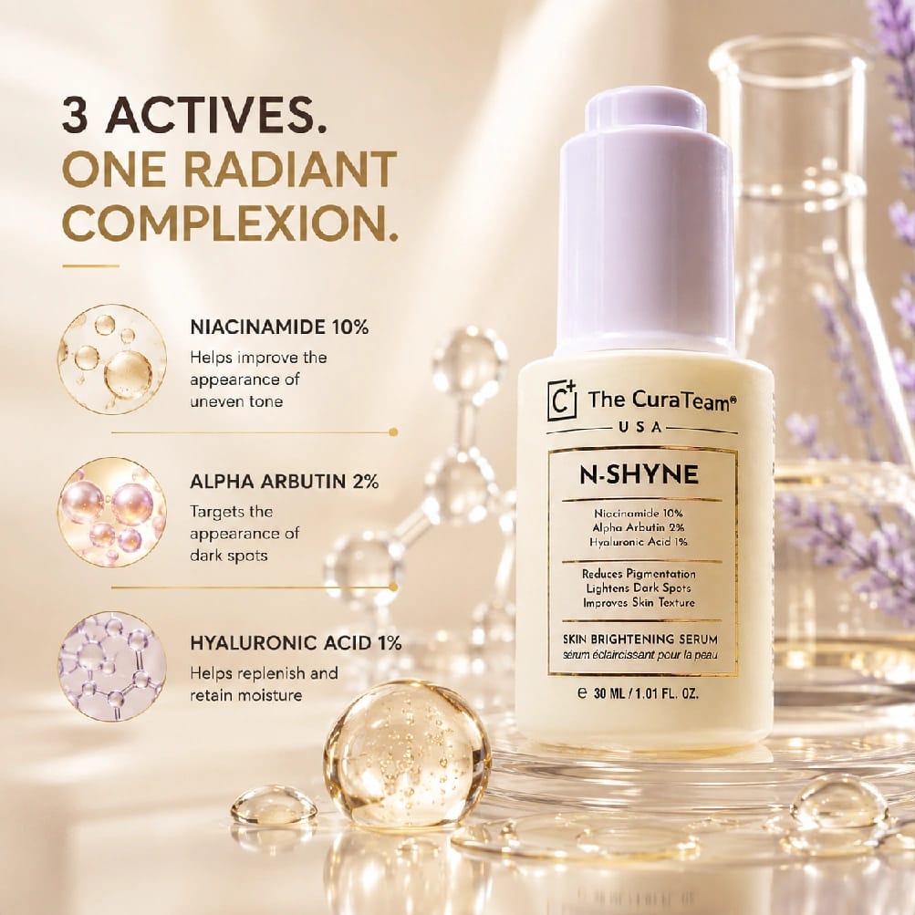 The CuraTeam N-SHYNE Skin Brightening Serum | Niacinamide 10% + Alpha Arbutin 2% + Hyaluronic Acid 1% | Dark Spots & Pigmentation | 30ml - image 2