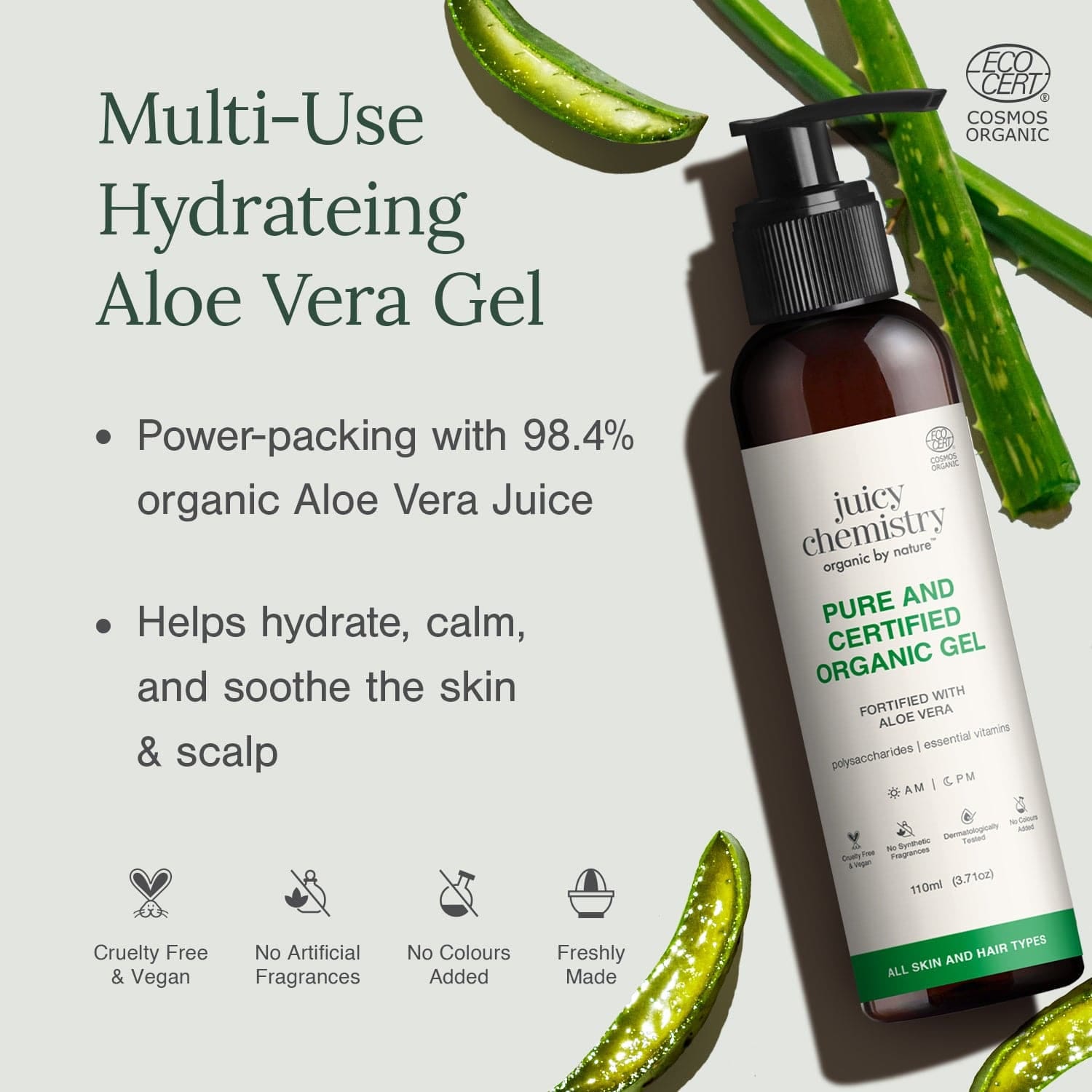 Juicy Chemistry Aloe Vera Gel for Face, Hair & Body - 110 ml (Unscented) - image 3