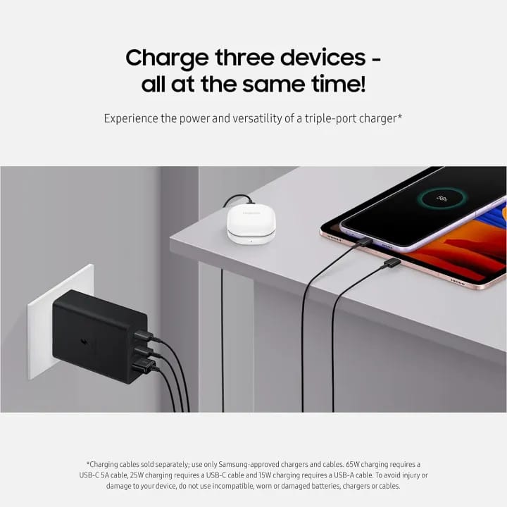 3-Port Super Fast Charging Wall Charger, 1x USB-C 65W, 1x USB-C 25W, 1x USB-A 15W, Max capacity 65W (Type C - C Cable included), Black - image 2