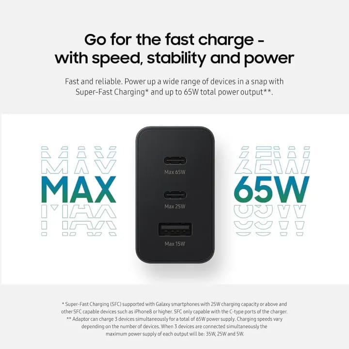3-Port Super Fast Charging Wall Charger, 1x USB-C 65W, 1x USB-C 25W, 1x USB-A 15W, Max capacity 65W (Type C - C Cable included), Black - image 3