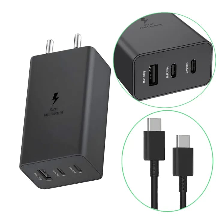 3-Port Super Fast Charging Wall Charger, 1x USB-C 65W, 1x USB-C 25W, 1x USB-A 15W, Max capacity 65W (Type C - C Cable included), Black - image 1