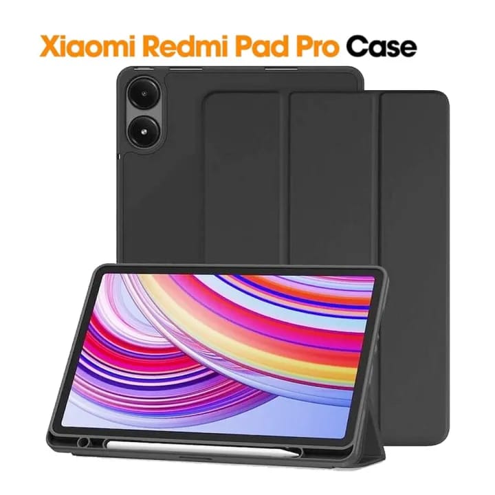 Case For Xiaomi Redmi Pad Pro 12.1" - Trifold PU Leather Tablet Smart Magnetic Cover Stand Back Cover with Pen Holder - Black - image 1