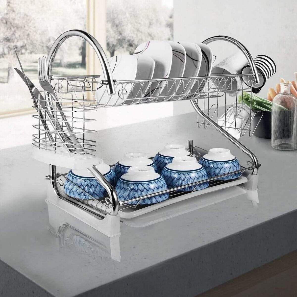 Premium Stainless Steel 2-Tier Dish Drying Rack With Drain Tray & Cutlery Holder - image 2