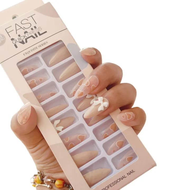 24 Pieces Excellent Quality Reusable Press On Nail Nude Colored White Bow Designed Nail Best Gift For Your Female Friend, Suitable For Birthday, Weeding And Party Wear Comes With Manicure Set - image 1