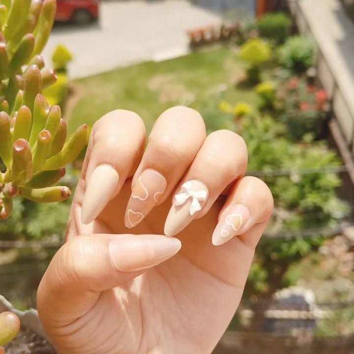 24 Pieces Excellent Quality Reusable Press On Nail Nude Colored White Bow Designed Nail Best Gift For Your Female Friend, Suitable For Birthday, Weeding And Party Wear Comes With Manicure Set - image 2