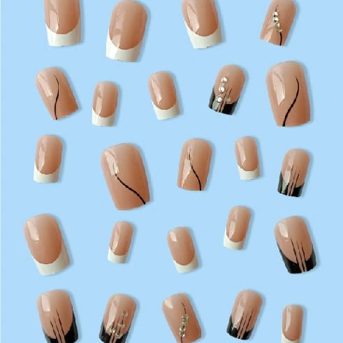 24pcs Semi-Sheer Nude Rhinestones Accent Abstract Colorblock Long Square French Style Full Cover Fake Nail Upgrade Your Look With Press On Nails Manicure Kit - image 2