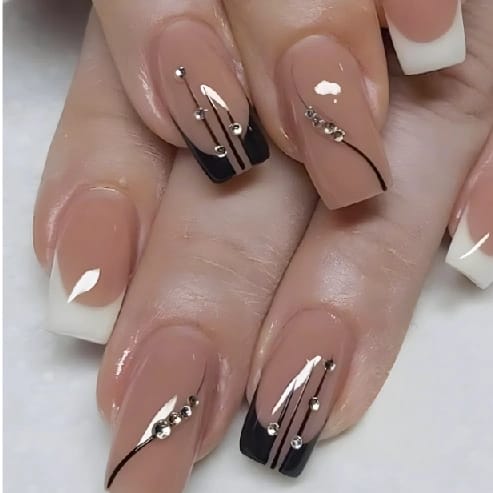 24pcs Semi-Sheer Nude Rhinestones Accent Abstract Colorblock Long Square French Style Full Cover Fake Nail Upgrade Your Look With Press On Nails Manicure Kit - image 1