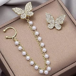 Gold Tone Butterfly Crystal & Pearl Chain Fashion Ear Cuff Earrings For Women & Girls Stylish Latest - image 1