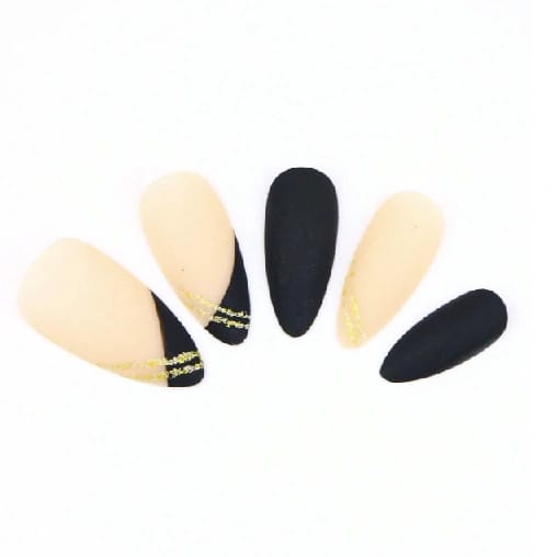 24pcs Almond-Shaped False Nails, Cool Black French Style With Sophisticated Gold Lines & Stripes For Elegant & Minimalist Manicure At New Year'S Day & Daily Life Press On Nails Nail - image 3