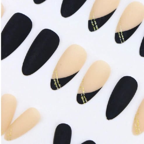 24pcs Almond-Shaped False Nails, Cool Black French Style With Sophisticated Gold Lines & Stripes For Elegant & Minimalist Manicure At New Year'S Day & Daily Life Press On Nails Nail - image 2