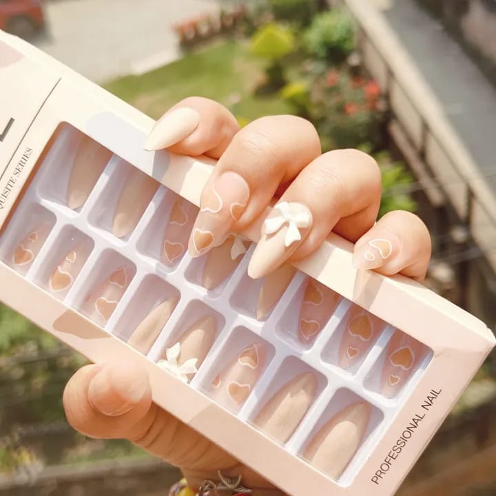 24 Pieces Excellent Quality Reusable Press On Nail Nude Colored White Bow Designed Nail Best Gift For Your Female Friend, Suitable For Birthday, Weeding And Party Wear Comes With Manicure Set - image 3