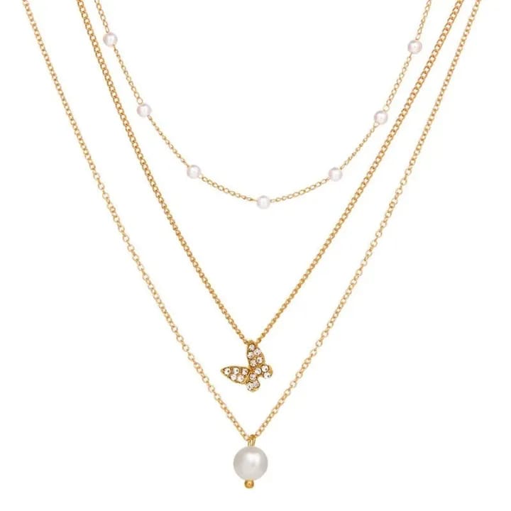 1 Piece 3 Layer Pearl & Butterfly Necklace for Women | Gold Plated Layered Adjustable Chain | Elegant Non-Tarnish Fashion Jewelry Gift - image 4