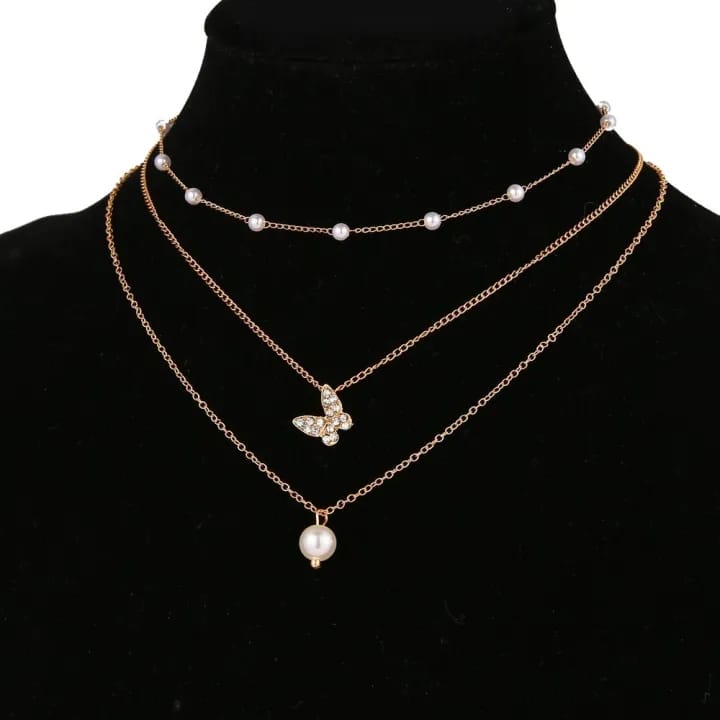 1 Piece 3 Layer Pearl & Butterfly Necklace for Women | Gold Plated Layered Adjustable Chain | Elegant Non-Tarnish Fashion Jewelry Gift - image 3