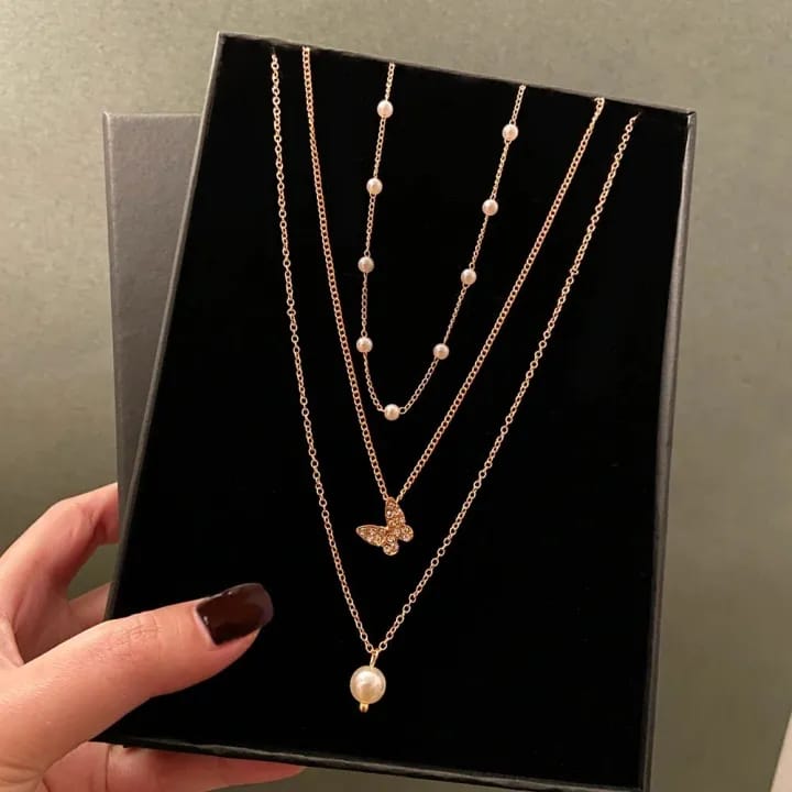 1 Piece 3 Layer Pearl & Butterfly Necklace for Women | Gold Plated Layered Adjustable Chain | Elegant Non-Tarnish Fashion Jewelry Gift - image 2