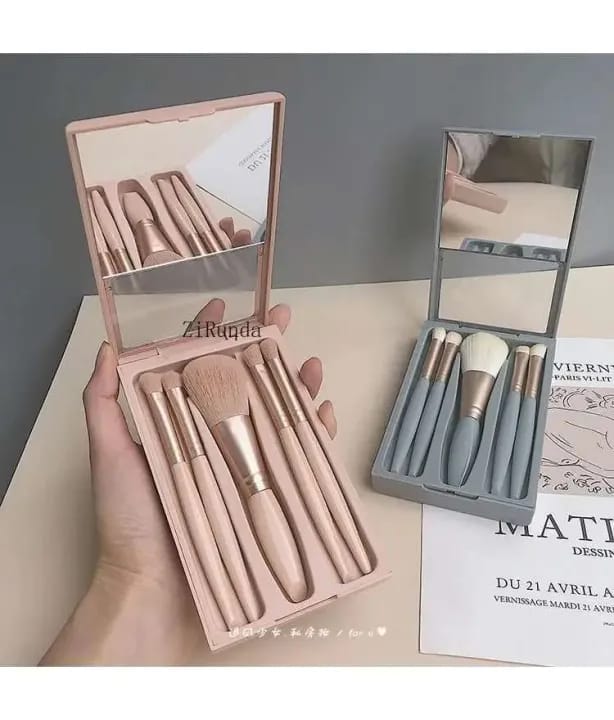 "Travel Makeup Brush Set with Mirror – 5 Super Soft Hair Brushes for Loose Powder, Eyeshadow & Blending, 5-Piece Portable Storage Cartridge for Flawless On-the-Go Makeup" - image 4