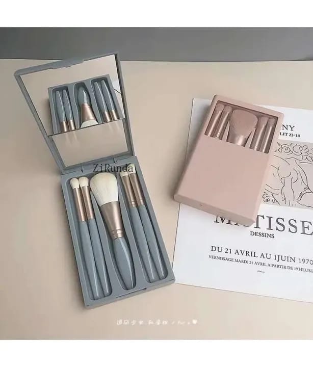 "Travel Makeup Brush Set with Mirror – 5 Super Soft Hair Brushes for Loose Powder, Eyeshadow & Blending, 5-Piece Portable Storage Cartridge for Flawless On-the-Go Makeup" - image 1