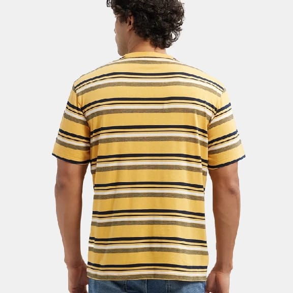 Super Combed Cotton Rich Striped Round Neck Half Sleeve T-Shirt - Burnt Gold - Navy - White - image 3