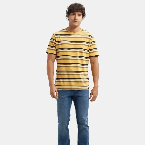 Super Combed Cotton Rich Striped Round Neck Half Sleeve T-Shirt - Burnt Gold - Navy - White - image 1