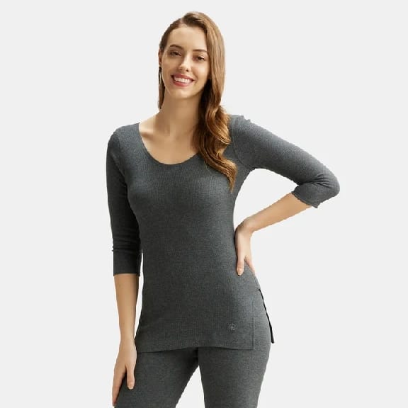 Extra Warmth Super Combed Cotton Rich Three Quarter Sleeve Thermal Top With StayWarm Technology - Charcoal Melange - image 4