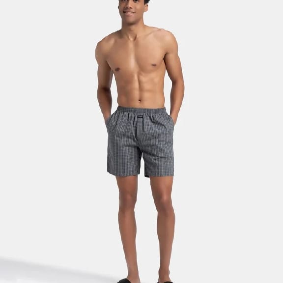 Super Combed Mercerized Cotton Woven Checkered Boxer Shorts With Side Pocket - Grey & Deep Olive (Pack Of 2) - image 2