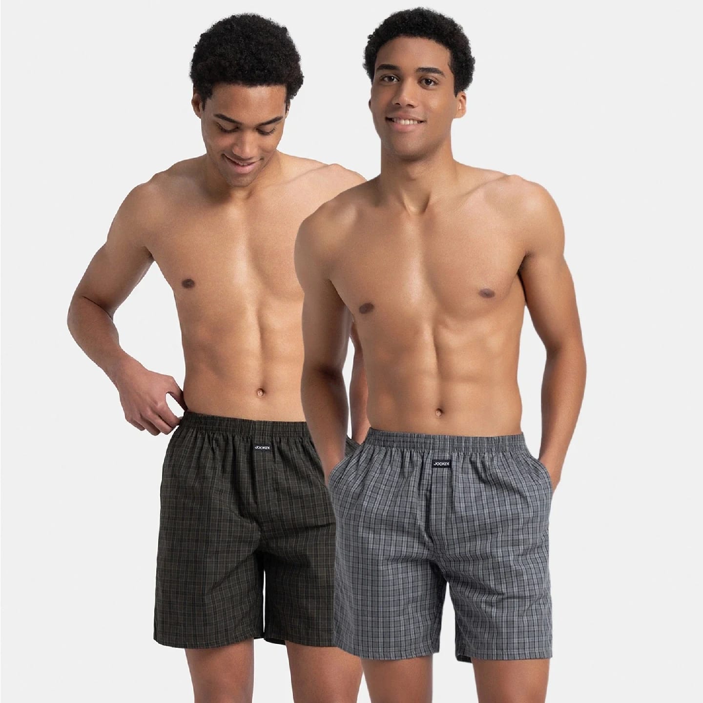 Super Combed Mercerized Cotton Woven Checkered Boxer Shorts With Side Pocket - Grey & Deep Olive (Pack Of 2) - image 1