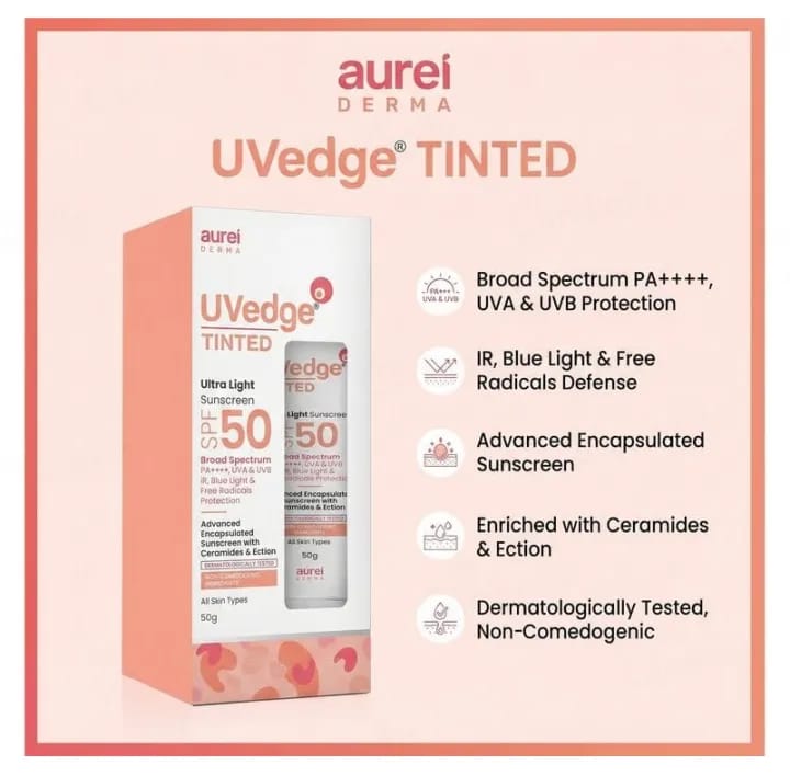 Aurel Derma UVedge Tinted Ultra Light Sunscreen SPF 50 PA++++ UVA/UVB, IR/FR Non-Greasy Formula (50g) - image 1