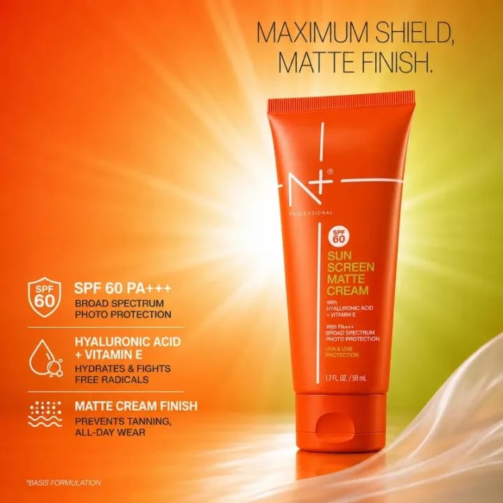 N Plus Professional Sunscreen SPF 60 (UVA/UVB) Matte Cream with Hyaluronic Acid + Vitamin E (100ml) - image 1