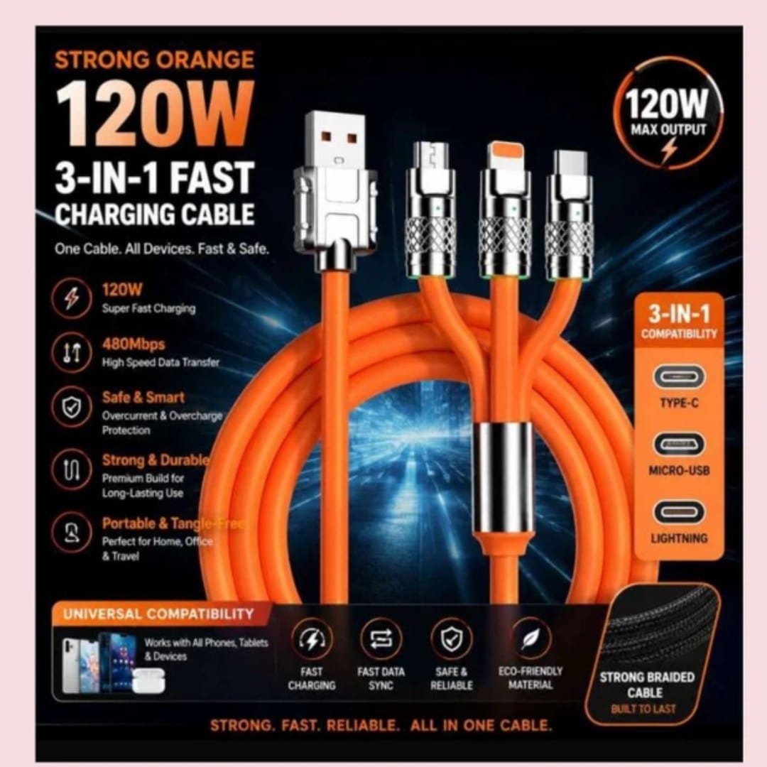120W Fast Charging 3-in-1 Retractable USB Cable (Type-C & USB - image 1