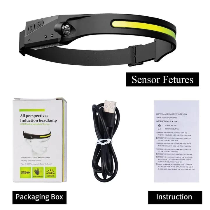 LED Headlamp Headband Work Light with Motion Sensor USB Rechargeable Camping-1Piece - image 1