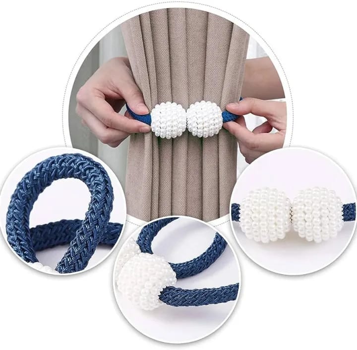 1Pair Round Pearl Polyester & Magnet Curtain Drapery Holdbacks Binding Tie Band Tiebacks - Curtains Tie Bands - image 1