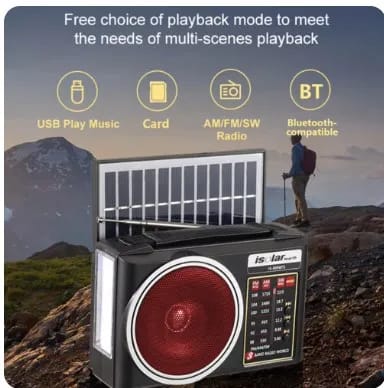 Isolar IS-809BTS Solar Bluetooth Speaker FM/AM/SW1-6 8Band Radio with BT/USB/TF Card Music Player with LED Light - image 1