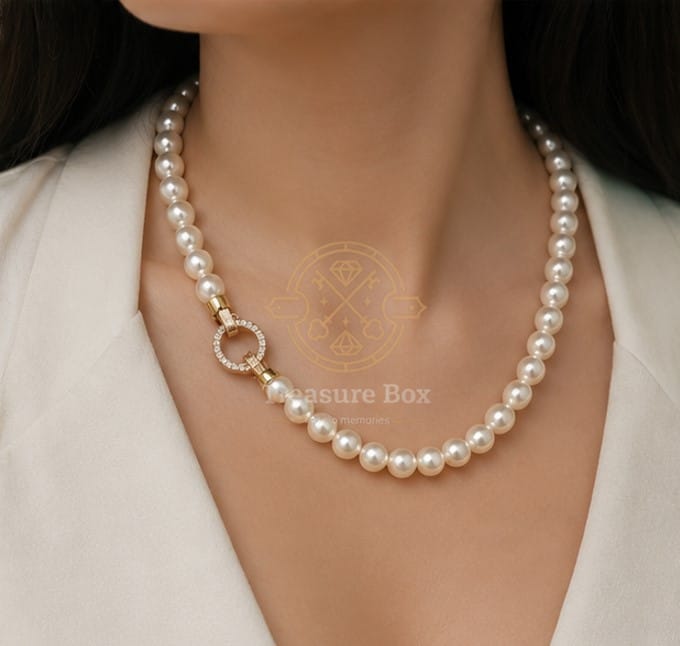 Premium Golden American Diamond Lock With Premium Bead Necklace For Women By Treasure Box Nepal - image 1