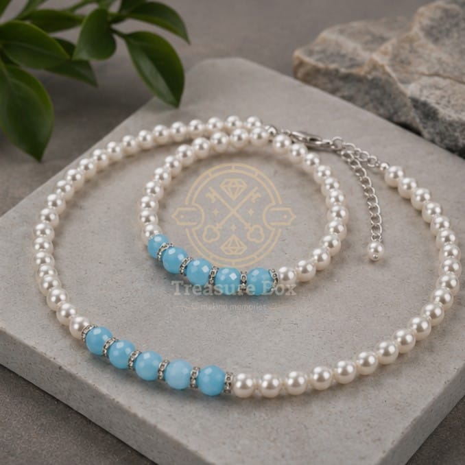 Luxury Cream White And Sky Blue Jade Bead Necklace With Bracelet Set For Women By Treasure Box Nepal - image 2