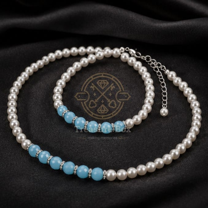 Luxury Cream White And Sky Blue Jade Bead Necklace With Bracelet Set For Women By Treasure Box Nepal - image 1