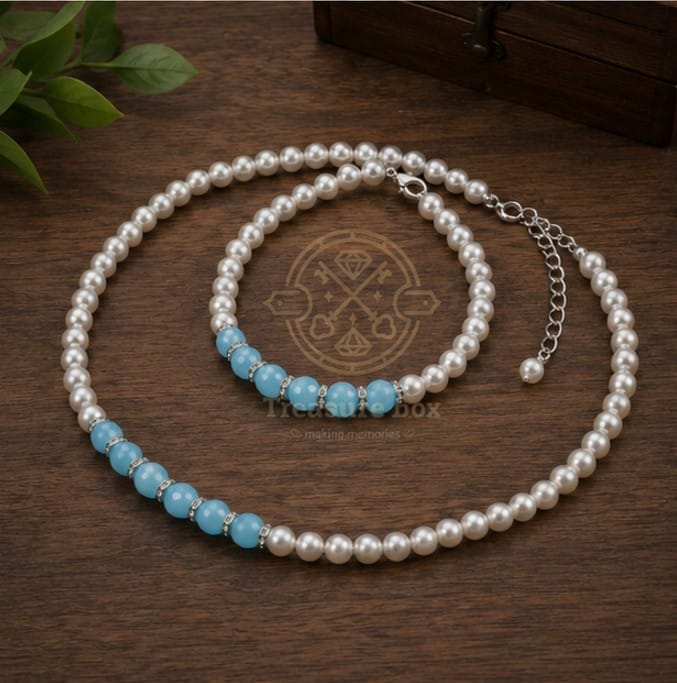 Luxury Cream White And Sky Blue Jade Bead Necklace With Bracelet Set For Women By Treasure Box Nepal - image 3