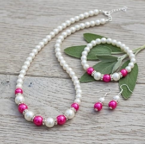 Viral Hot Pink & White Beads Necklace With Silver Color Earrings By Treasure Box Nepal - image 2