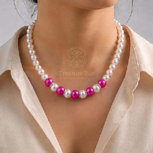 Viral Hot Pink & White Beads Necklace With Silver Color Earrings By Treasure Box Nepal - image 1