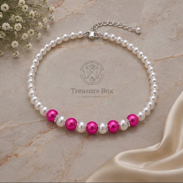 Viral Hot Pink & White Beads Necklace With Silver Color Earrings By Treasure Box Nepal - image 4
