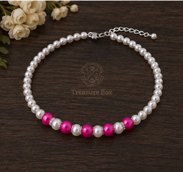 Viral Hot Pink & White Beads Necklace With Silver Color Earrings By Treasure Box Nepal - image 5
