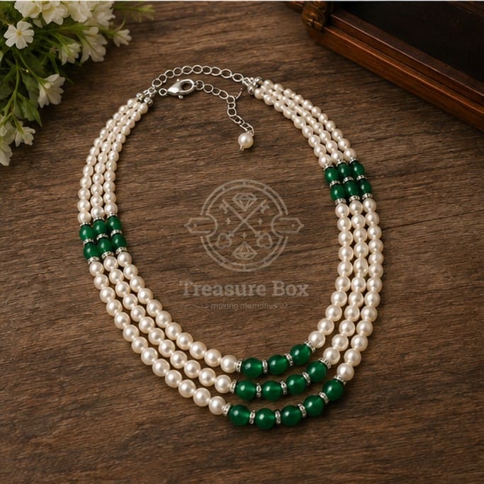Triple Layer Cream White & Green Bead Necklace For Women By Treasure Box Nepal - image 4