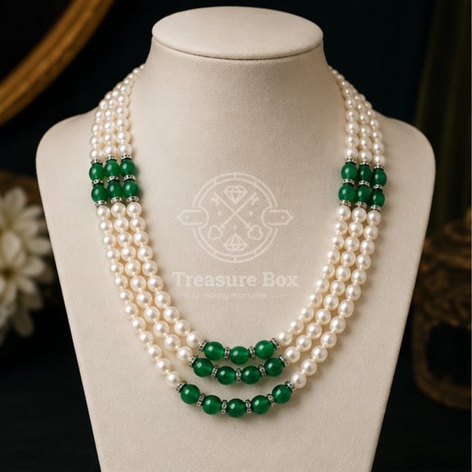 Triple Layer Cream White & Green Bead Necklace For Women By Treasure Box Nepal - image 2