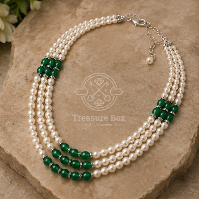 Triple Layer Cream White & Green Bead Necklace For Women By Treasure Box Nepal - image 3
