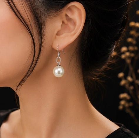 Cream White Color Bead Silver Hoop Earrings For Women By Treasure Box Nepal - image 1