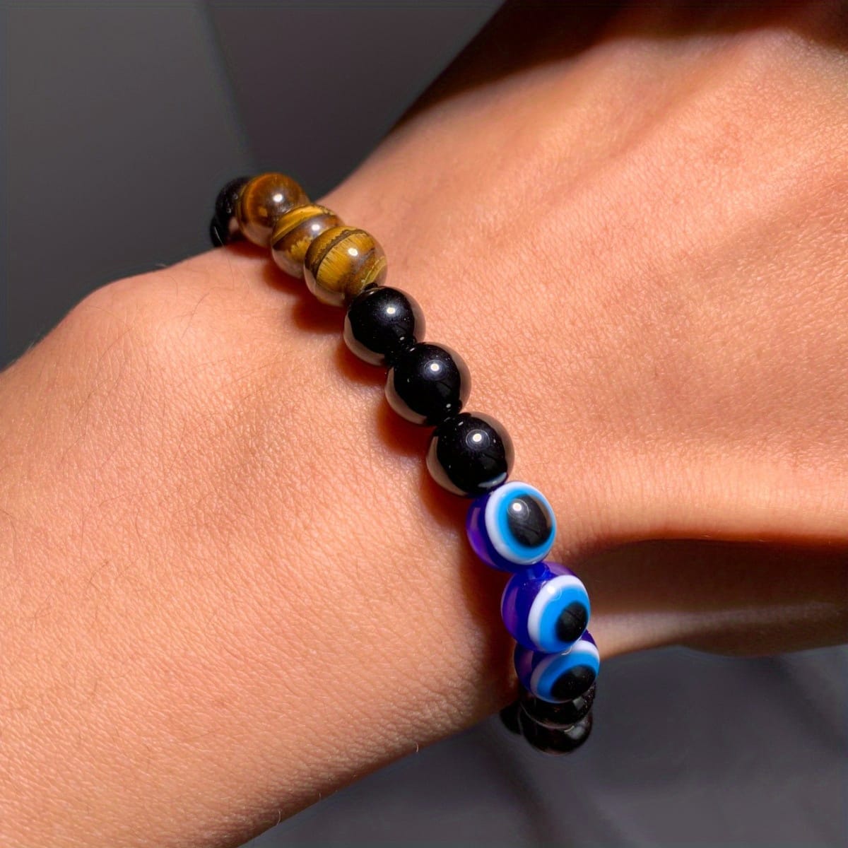 8 MM Handmade Bead Bracelet of Tiger Eye And Evil Eye Beads for Unisex by Treasure Box Nepal - image 3