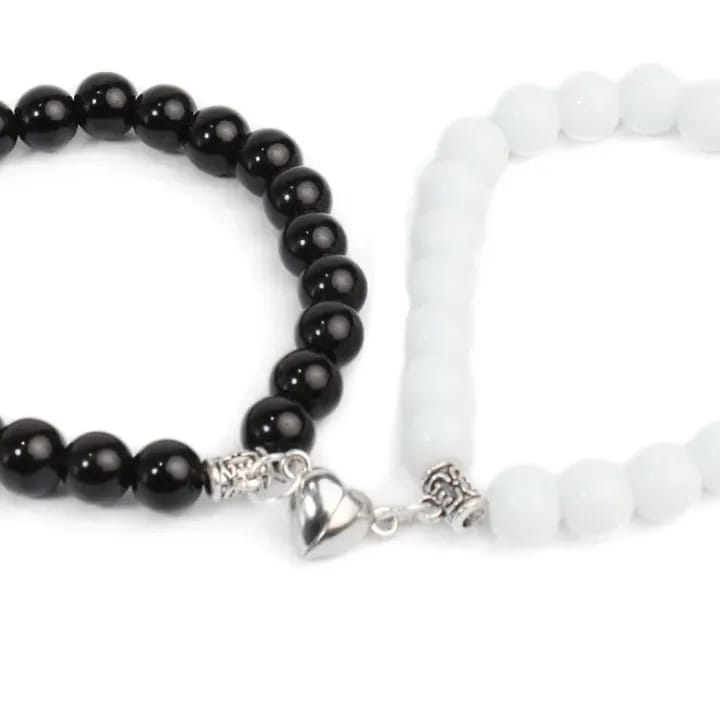 Magnetic Couple Bracelet - Black and White - Free Size | Fashion Beaded Bracelet with Magnetic Charm For Couples - image 2