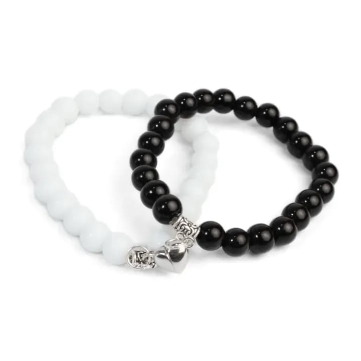 Magnetic Couple Bracelet - Black and White - Free Size | Fashion Beaded Bracelet with Magnetic Charm For Couples - image 1